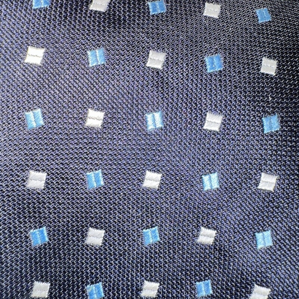 Lands End Silk Tie Mens Regular Navy Blue Geometric Square Italian Handsewn Prep